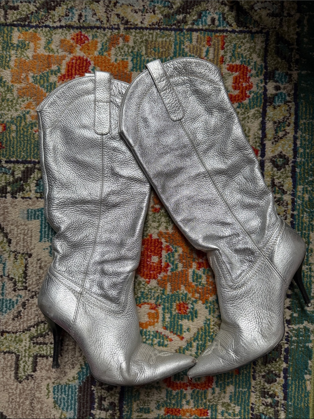 Stuart Weitzman Outwest Boot Silver Metallic Pebble Leather Western Size 9.5